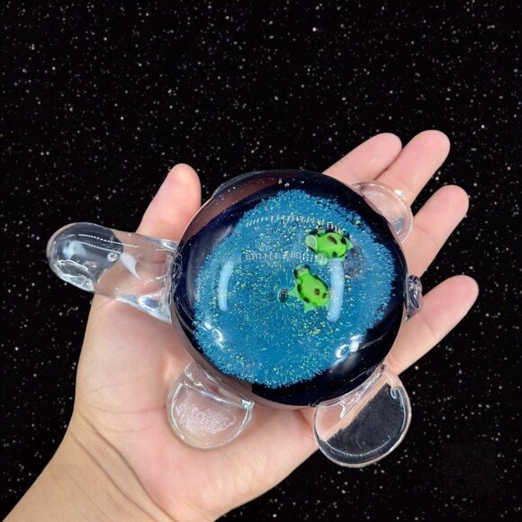 Art Glass Turtle Paperweight Figurine Thick Heavy Glass Turtle W Green Frogs - Picture 2 of 13